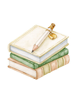 Vintage book stack pencil charm antique book retro journal old paper wooden pencil cozy study reading corner calm mood illustration