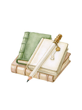 Vintage book stack pencil scroll charm, retro journal stationery illustration, cozy study mood, nostalgic reading atmosphere, soft pastel color