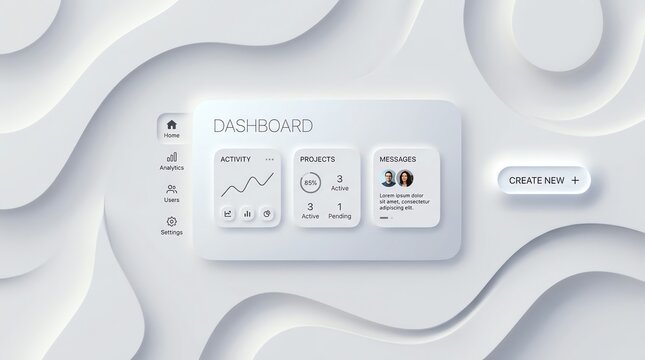 Neumorphic dashboard user interface design on white background