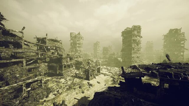 Overlooked ruins gaze calmly. Vantage point observes shattered heights silently. High perch monitors broken structures with cautious hopefulness