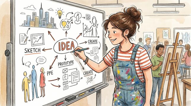 Creative Student Illustrating Ideas in Classroom Setting