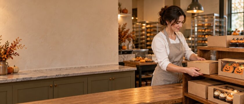 Female Baker Arranging Freshly Baked Goods in a Modern Bakery Display.
