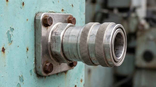 Industrial quick connect hydraulic coupling on distressed green wall.
