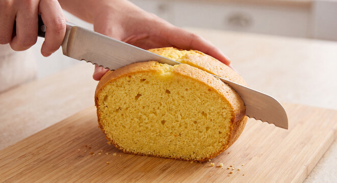 Hands cutting delicious golden yellow biscuit sponge cake slice using large sharp kitchen knife on wooden cutting board