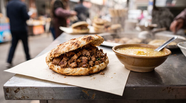 Xi&rsquo;an Roujiamo Stuffed with Braised Pork Served with Warm Millet Porridge at Local Breakfast Stall