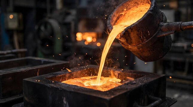 Molten metal being poured into sand mold inside industrial foundry factory.