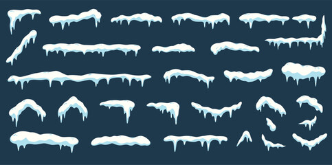 Fototapeta premium Cartoon snow caps and icicles set for winter game interface, cute icy edge overlays and snowy elements, frozen borders and decorative frost layers in flat blue vector style