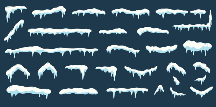 Cartoon snow caps and icicles set for winter game interface, cute icy edge overlays and snowy elements, frozen borders and decorative frost layers in flat blue vector style