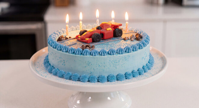 Celebration birthday cake glowing with burning golden candle flames decorated with cookies chocolates and race car on stand