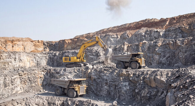 Heavy crawler excavator loading crushed rock and stone into large industrial dump trucks working inside a deep open pit quarry during daytime