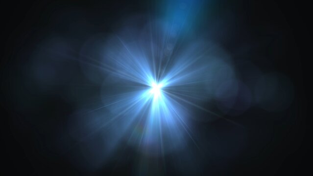 Bright blue light pulses from center against pure black background. Radiant beams spread outward
