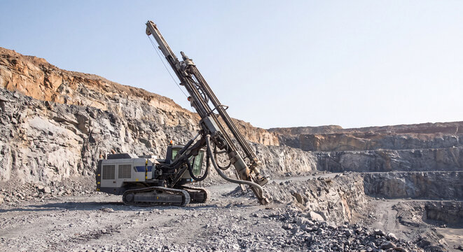 A heavy crawler drilling rig machine drilling blast holes into hard rock ground inside an expansive open cast quarry on a bright sunny day