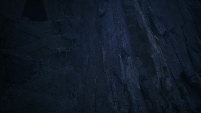 deep ravine framed by steep walls, damp moss and layered strata creating moody textures, echoing silence with narrow light shaft, cinematic tension