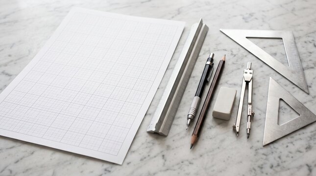 Professional drafting and architectural design tools including grid paper metal ruler compass triangles and pencils arranged on a luxury white marble table background