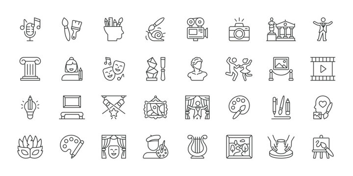 Fine Arts icons in line design. fine arts, painting, sculpture, drawing, gallery, artist, canvas on white background vector. Fine Arts editable stroke icons.