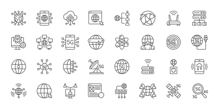 Global Internet icons in line design. global internet, web, network, globe, connection, online, technology on white background vector. Global Internet editable stroke icons.