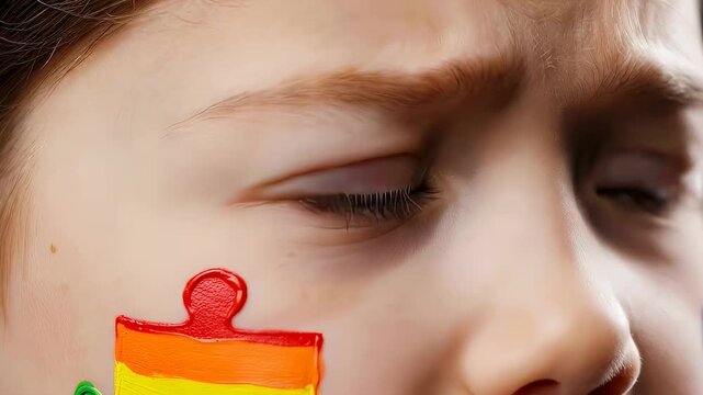 Child with colorful puzzle piece face paint showing facial expressions of sadness and concern, representing autism spectrum awareness.