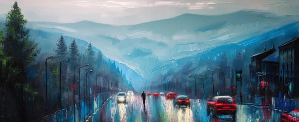 Mountain view with road and cars in minimalist style wall art © Boyan Dimitrov