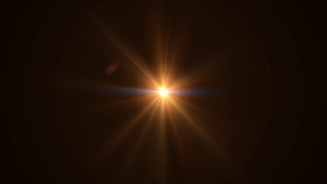 Golden light bursts radiantly against deep black background. Starburst lens flare gleams with warm