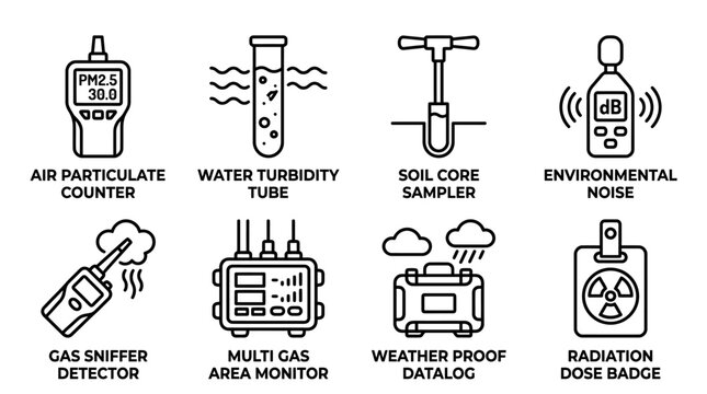 Industrial and environmental survey instruments icon set for air water and soil analysis with environment instrument analysis monitoring pollution industrial particulate turbidity detector