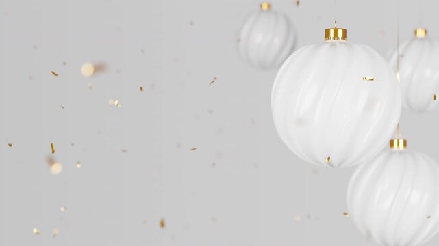 Rotating Matte White Christmas Balls and Spherical Baubles with Falling Golden Confetti for Festive Christmas and New Year Eve Celebration
