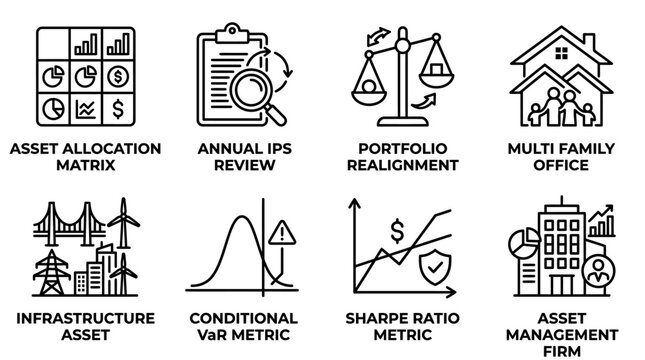 Financial asset management and investment portfolio strategy line icons with financial management investment portfolio strategy allocation realignment infrastructure conditional business