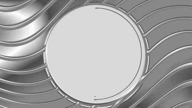 Looping silver chrome steel animated abstract geometric monochrome portrait background with empty circle place for logo or product promotion	
