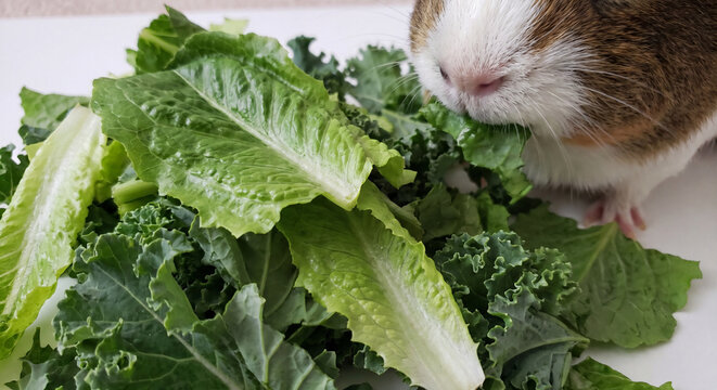 Side view of a healthy domestic guinea pig approaching a crisp pile of fresh green salad and romaine lettuce leaves on a clean table