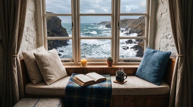 Cozy reading nook by a window with ocean view and soft furnishings