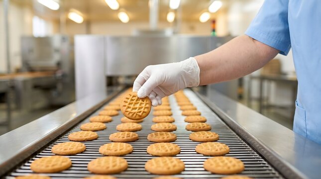 Worker placing freshly baked cookies on conveyor belt in food factory line.