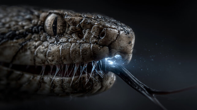 A close-up macro shot of a snake head with textured scales and a forked tongue extending out against a dark background.
