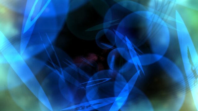 Vibrant blue hues swirl in abstract motion. Fuzzy circles float against deep, dark background