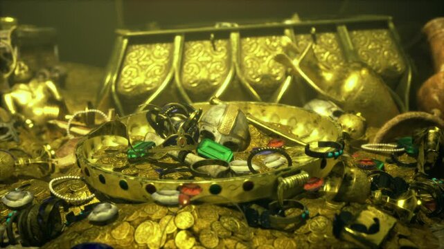 jeweled crown on gold coins, warm cinematic glow reveals scattered emeralds and ruby accents, pirate captain prize spilling from ornate chest, adventurous