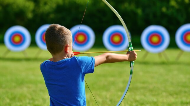 Child practices archery on a sunny day at an outdoor range with multiple targets in the background