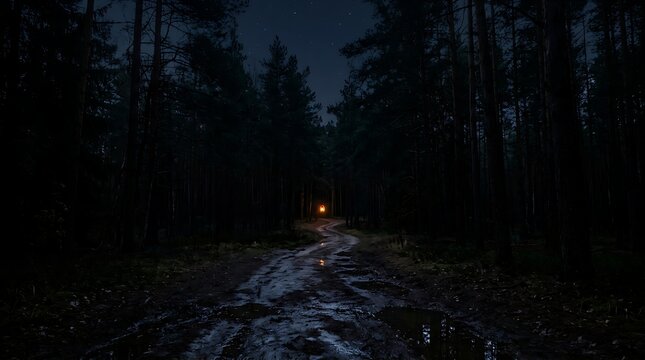 Mysterious forest path with a distant light