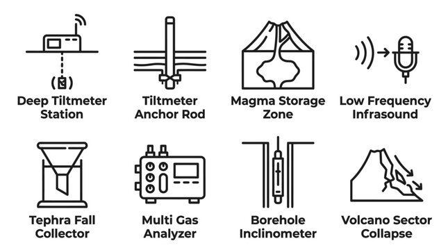 Set of scientific volcano monitoring equipment icons for geological research with monitoring instrument geological research geophysics tiltmeter infrasound collector inclinometer borehole