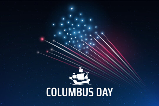 Happy columbus day in the USA. Banner vintage sailing ship logo, american colorful fireworks. Fireworks US flag. Celebrate discovery of america by Christopher Columbus. Banner columbus day. Vector