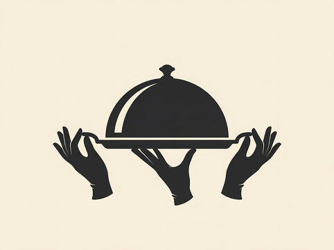 Minimalist vector illustration of hands holding a silver food serving platter cloche.