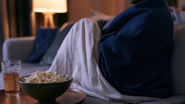 Person under a blanket watching a movie at home with popcorn and a drink on the table