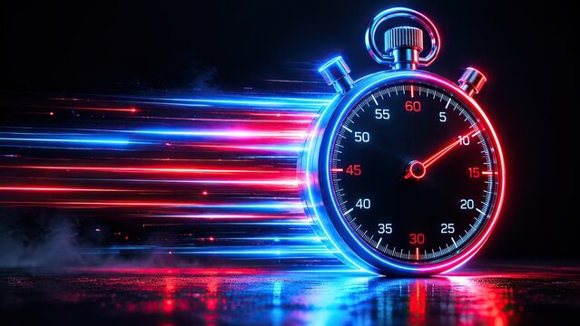 Stopwatch with glowing neon lights and streaks of light indicating speed, perfect for concepts of time, racing, and performance.