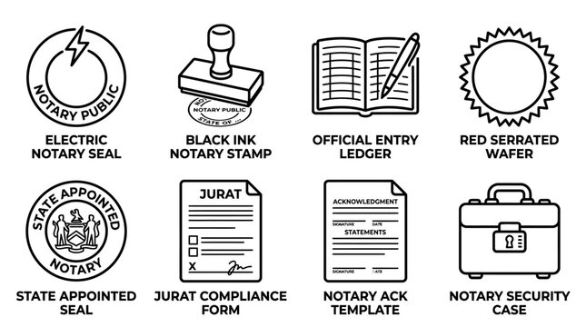 Set of notary public documentation and official legal stamp authentication line icon symbols with document official authentication compliance security contract validation signature business