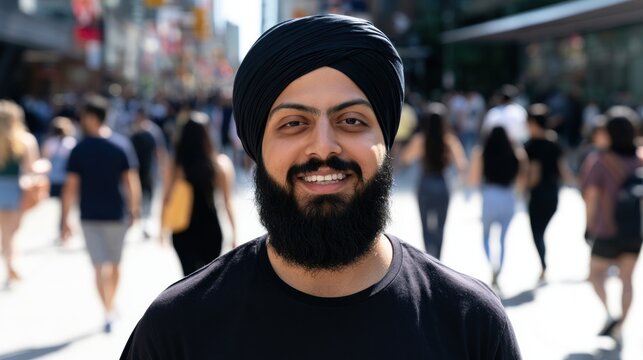 Man wearing a turban standing in a busy street with many people walking around him