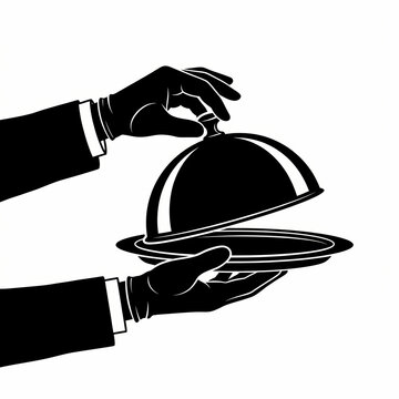 Silhouette of a waiter wearing gloves holding a silver food serving tray with a cloche.