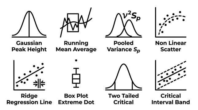 Set of advanced statistical and data visualization icons with non linear box plot statistics visualization mathematics regression gaussian analysis variance interval critical research