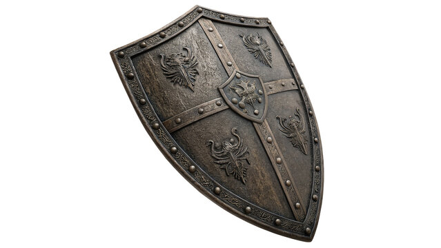 Ancient medieval heavy iron metallic warrior knight shield isolated on transparent background