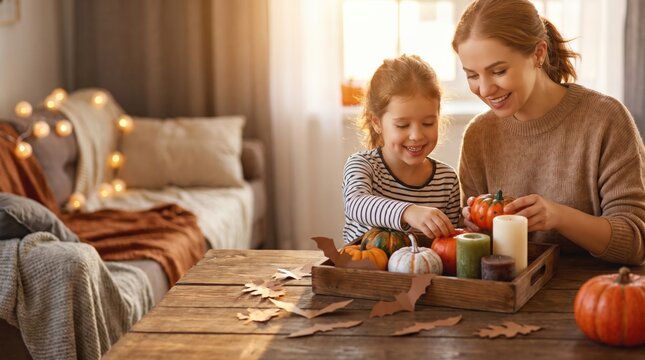 Happy mother and daughter decorating home for autumn holidays together, enjoying cozy festive atmosphere.