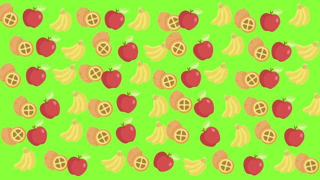 Seamless cartoon fruit pattern animation with red apples, yellow banana bunches, and tropical fruit slices on a vivid lime green background, perfect for healthy eating and nutrition concepts