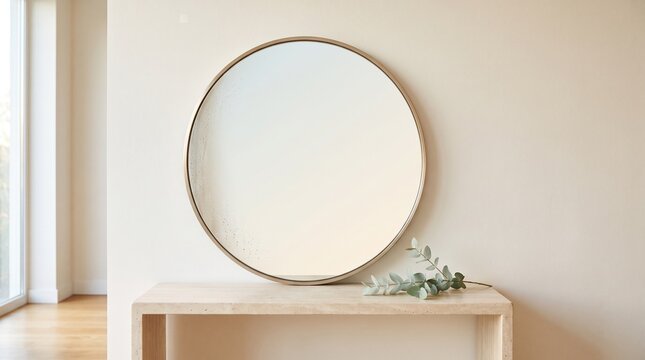 Elegant round mirror hanging above a minimalist wooden console table in a bright interior with interior design home decor wood table living room home staging