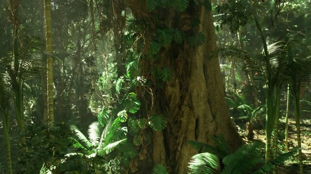 Closeup epiphytecovered trunk with ferns, lichen patches and moist bark texture, intimate microhabitat showcasing biodiversity, studyfriendly angle for botany