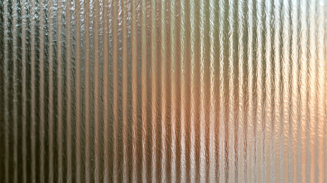 Fluted glass texture with parallel linear grooves. Ribbed translucent pane pattern with refracted amber reflections